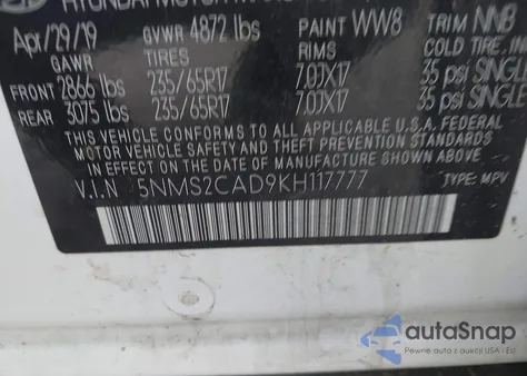 2019 Hyundai Santa Fe Se from USA, damaged, VIN 5NMS2CAD9KH117777